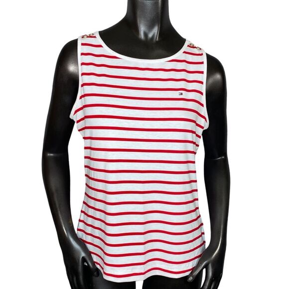 Tommy Hilfiger Red White Striped Tank Womens Size Small Petite Rivet Detail - Picture 1 of 6